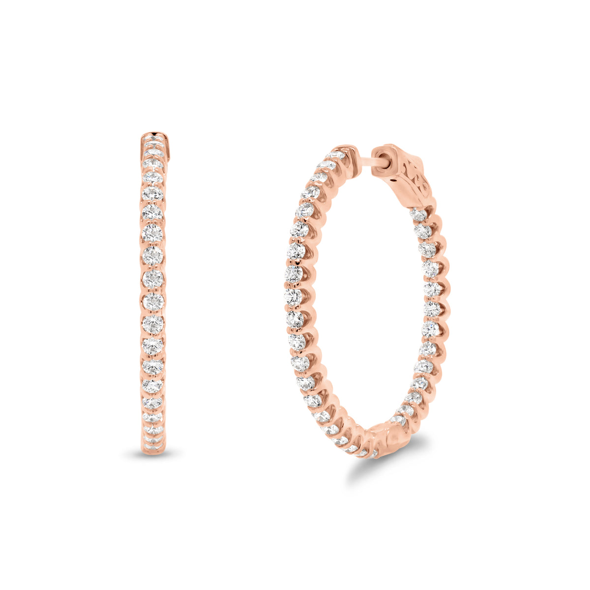 Diamond Interior and Exterior Medium Hoop Earrings - 14K gold weighing 8.4 grams  - 66 round diamonds totaling 1.82 carats