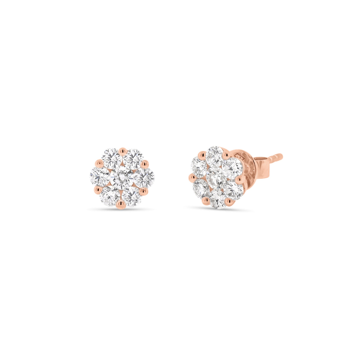 cluster diamond stud earrings - 18k Gold weighing 1.80 grams - 14 round diamonds weighing .84 carats