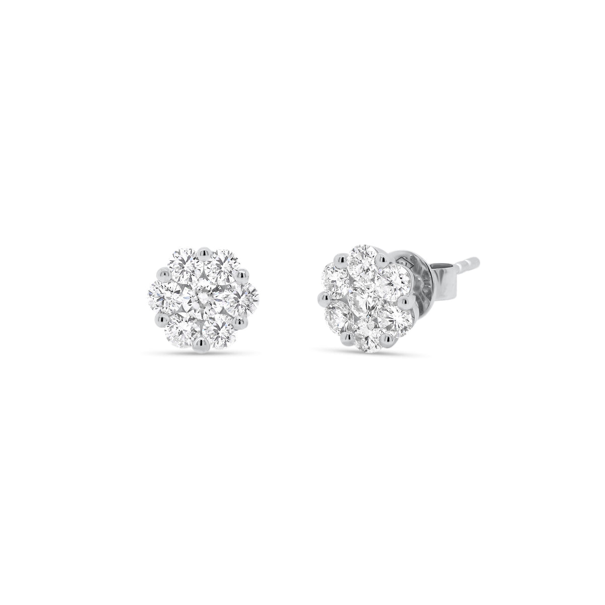 cluster diamond stud earrings - 18k Gold weighing 1.80 grams  - 14 round diamonds weighing .84 carats
