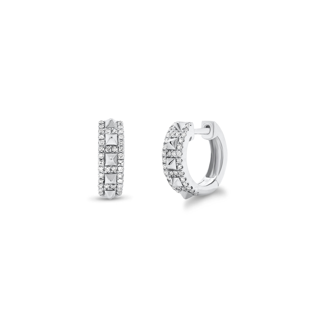 Diamond & Gold Pyramid Stud Huggie Earrings - 14K gold weighing 2.98 grams  - 72 round diamonds totaling 0.18 carats