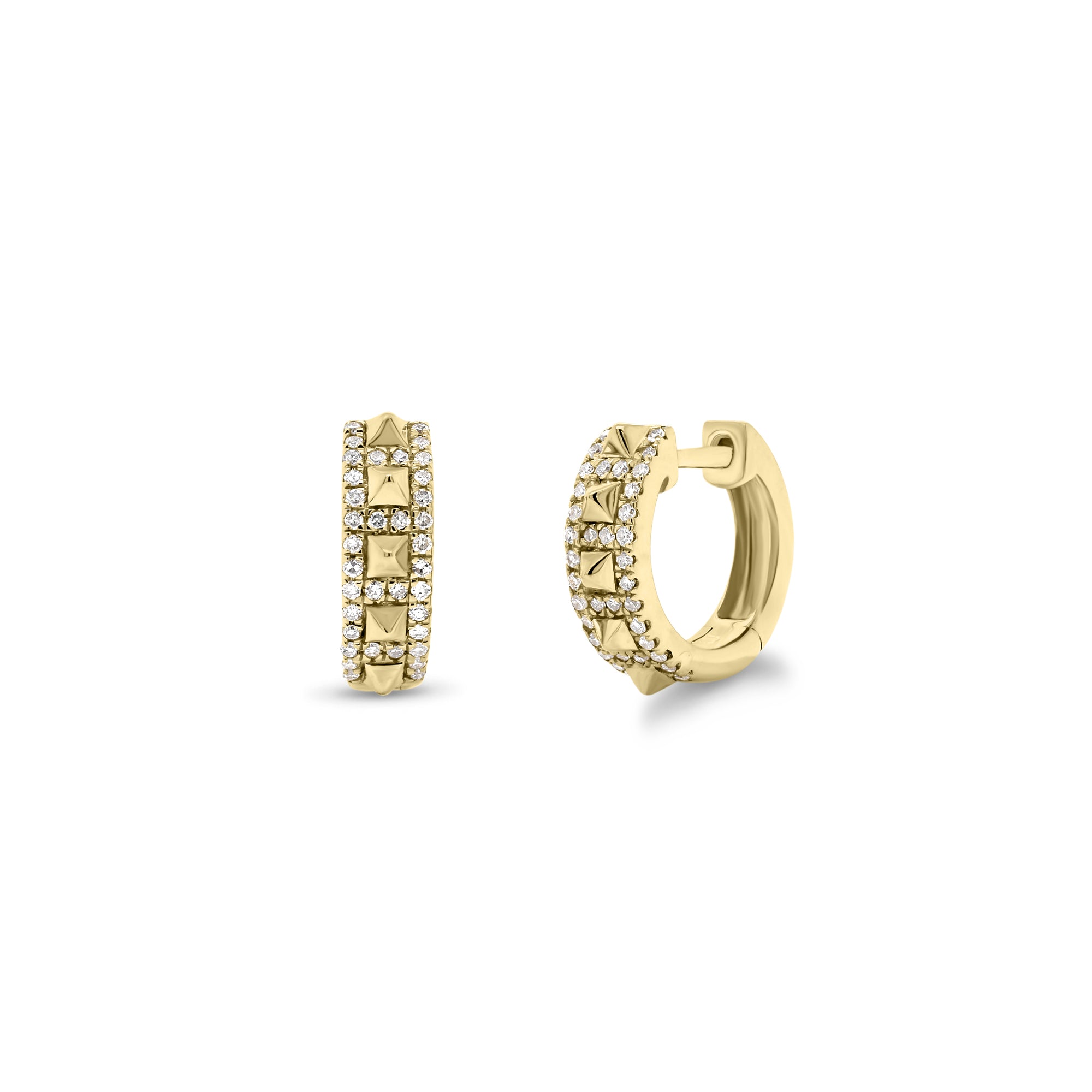 Diamond & Gold Pyramid Stud Huggie Earrings - 14K gold weighing 2.98 grams  - 72 round diamonds totaling 0.18 carats