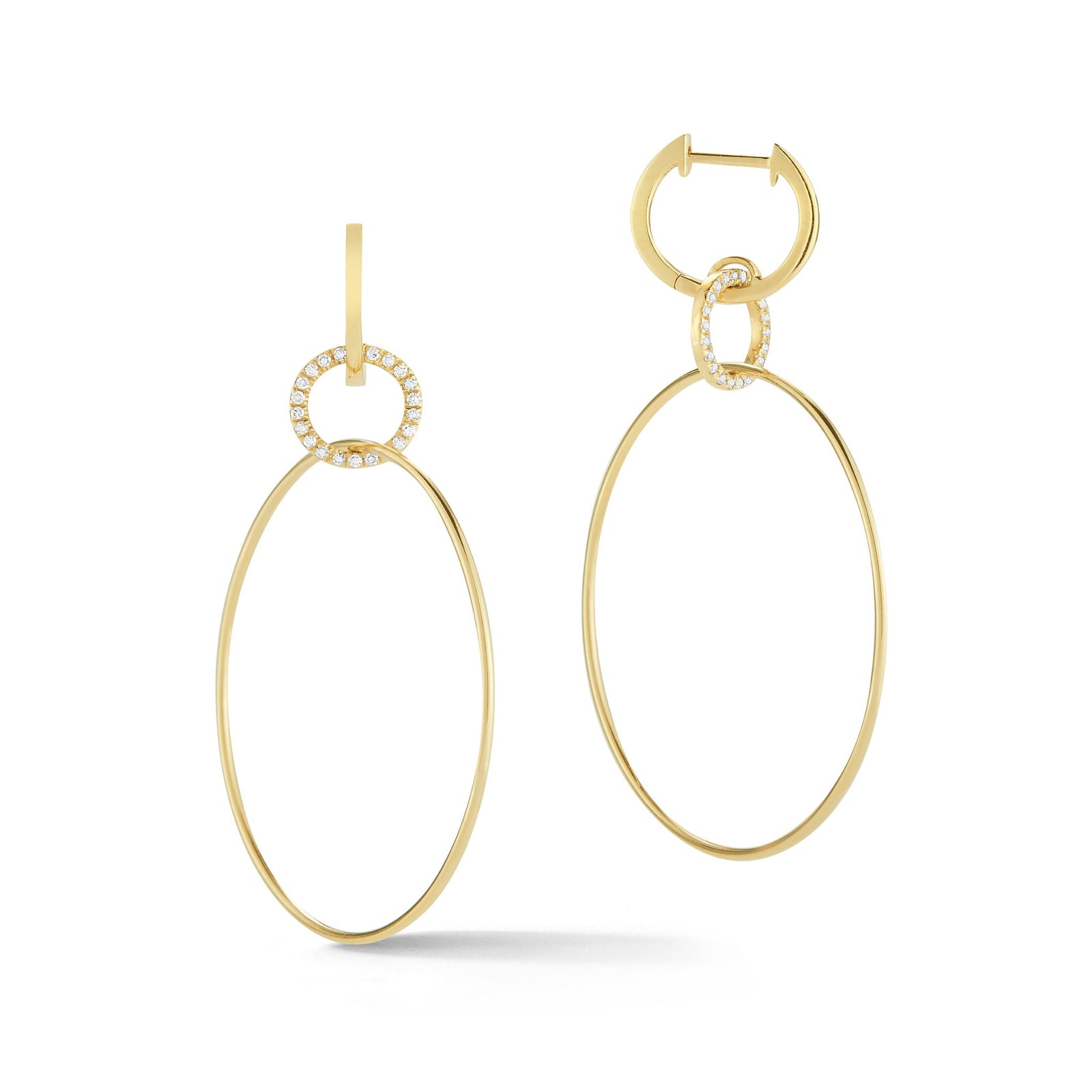 Interlocking Diamond Hoop Earrings Diamond Hoop Dangle Earrings -14K yellow gold weighing 3.37 grams -44 round pave-set diamonds totaling 0.13 carats.