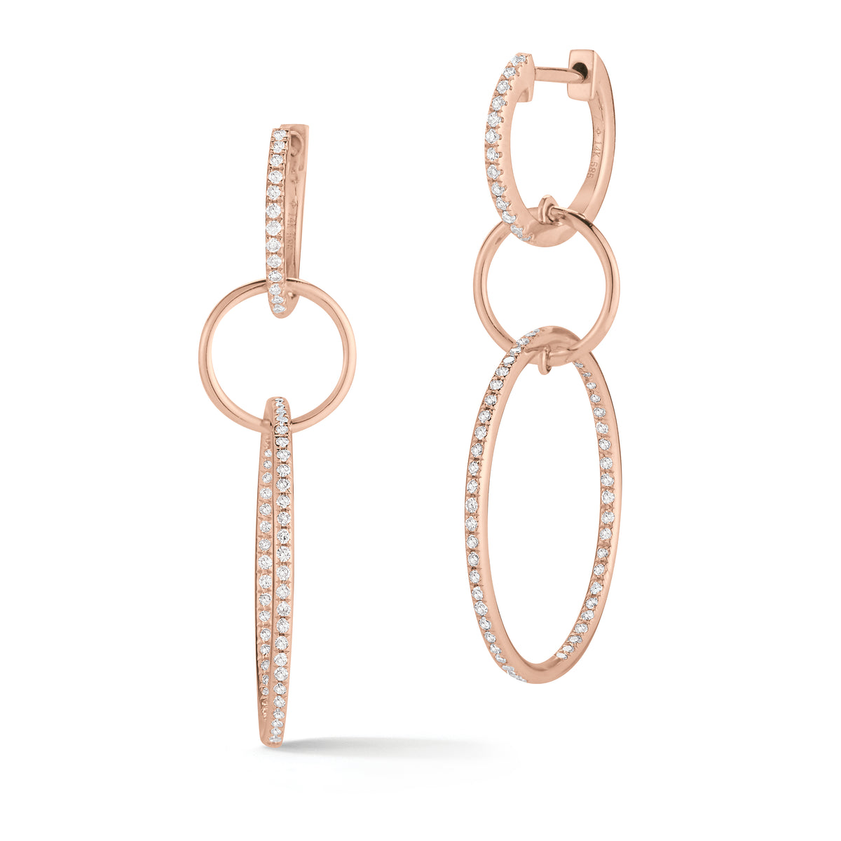 Diamond Triple Hoop Dangle Earrings  -14K gold weighing 3.45 grams  -128 round channel-set diamonds totaling 0.40 carats.