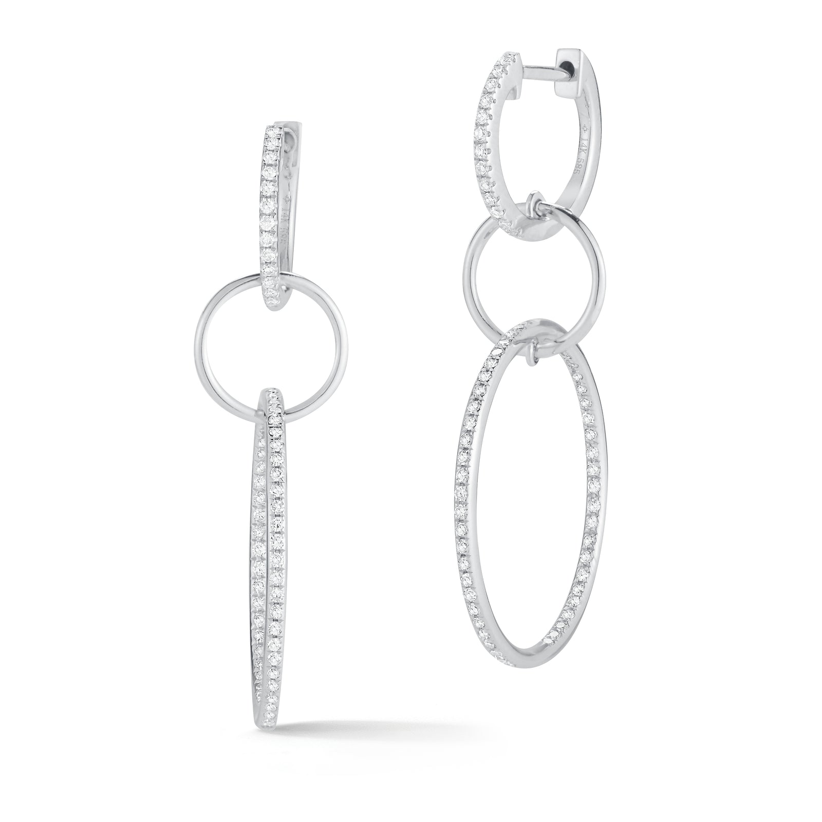 Diamond Triple Hoop Dangle Earrings  -14K gold weighing 3.45 grams  -128 round channel-set diamonds totaling 0.40 carats.
