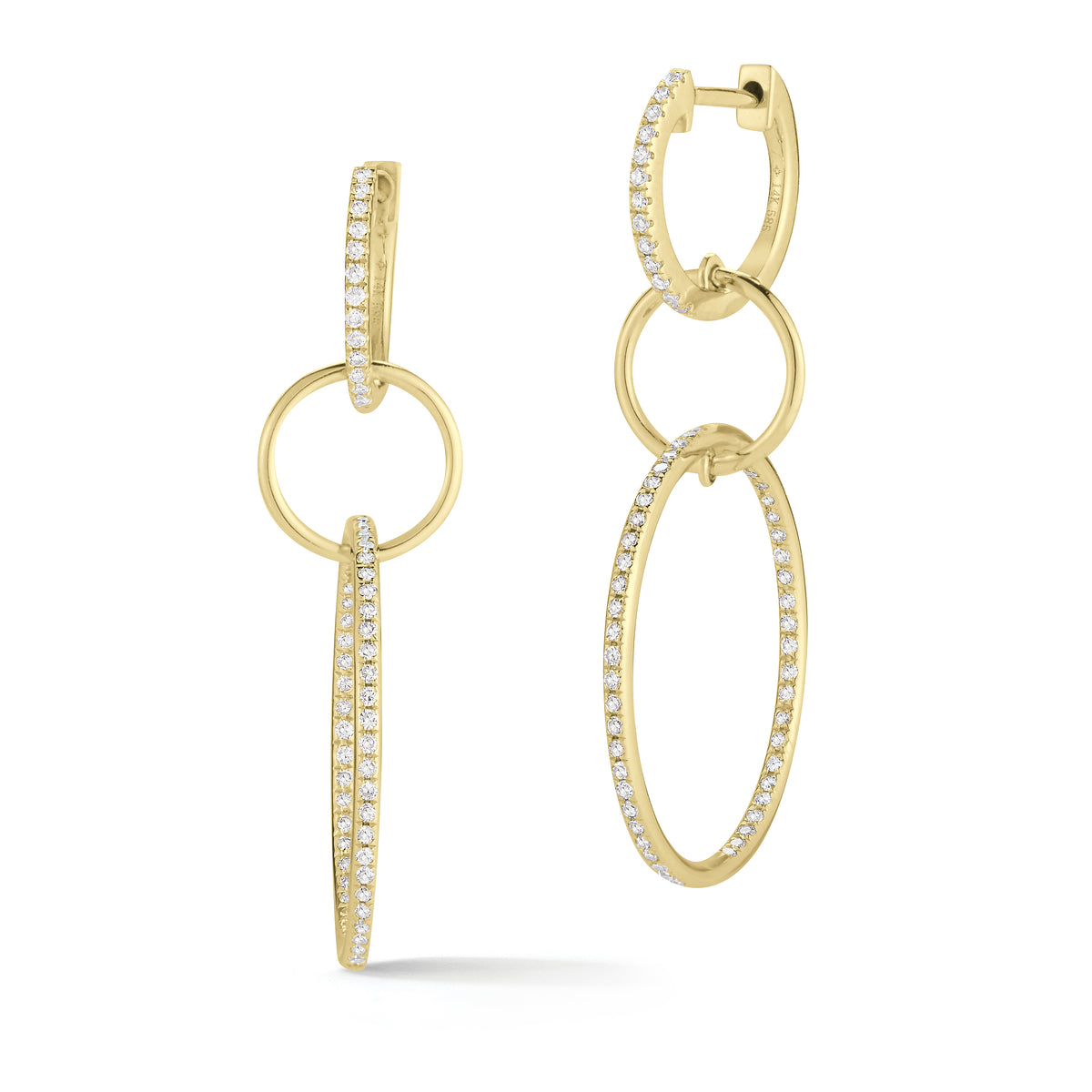 Diamond Triple Hoop Dangle Earrings  -14K gold weighing 3.45 grams  -128 round channel-set diamonds totaling 0.40 carats.