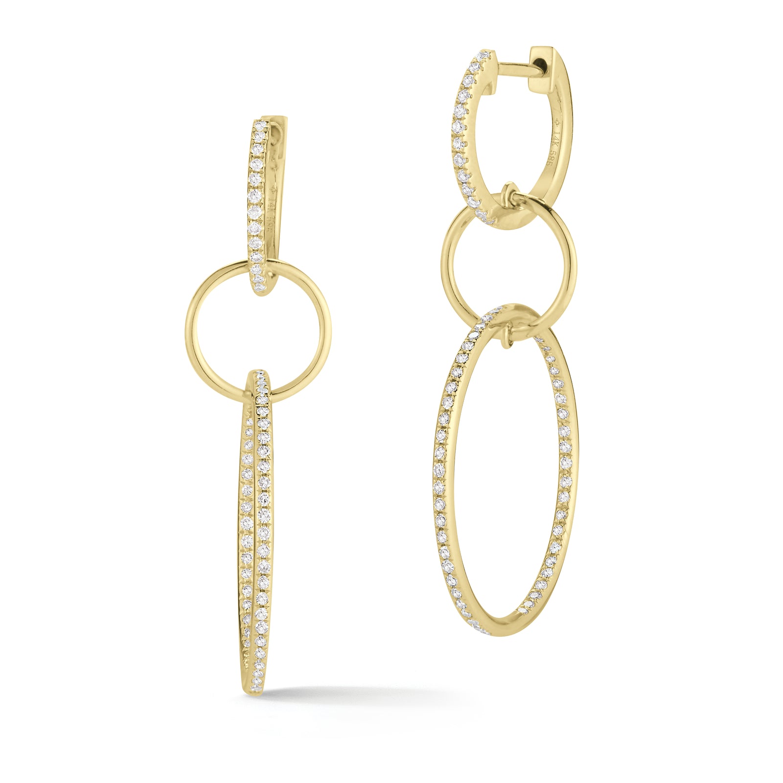 Diamond Triple Hoop Dangle Earrings  -14K gold weighing 3.45 grams  -128 round channel-set diamonds totaling 0.40 carats.