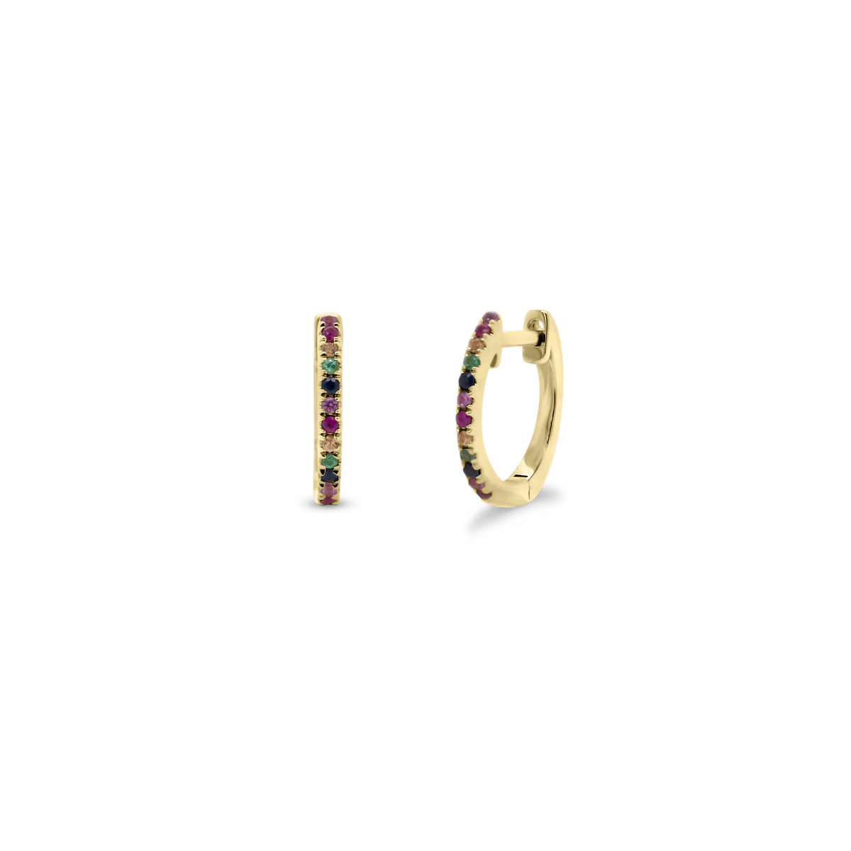 Rainbow Mini Huggie Earrings - 14k gold weighing 1.40 grams.   - 24 multicolor gems weighting 0.12 carats