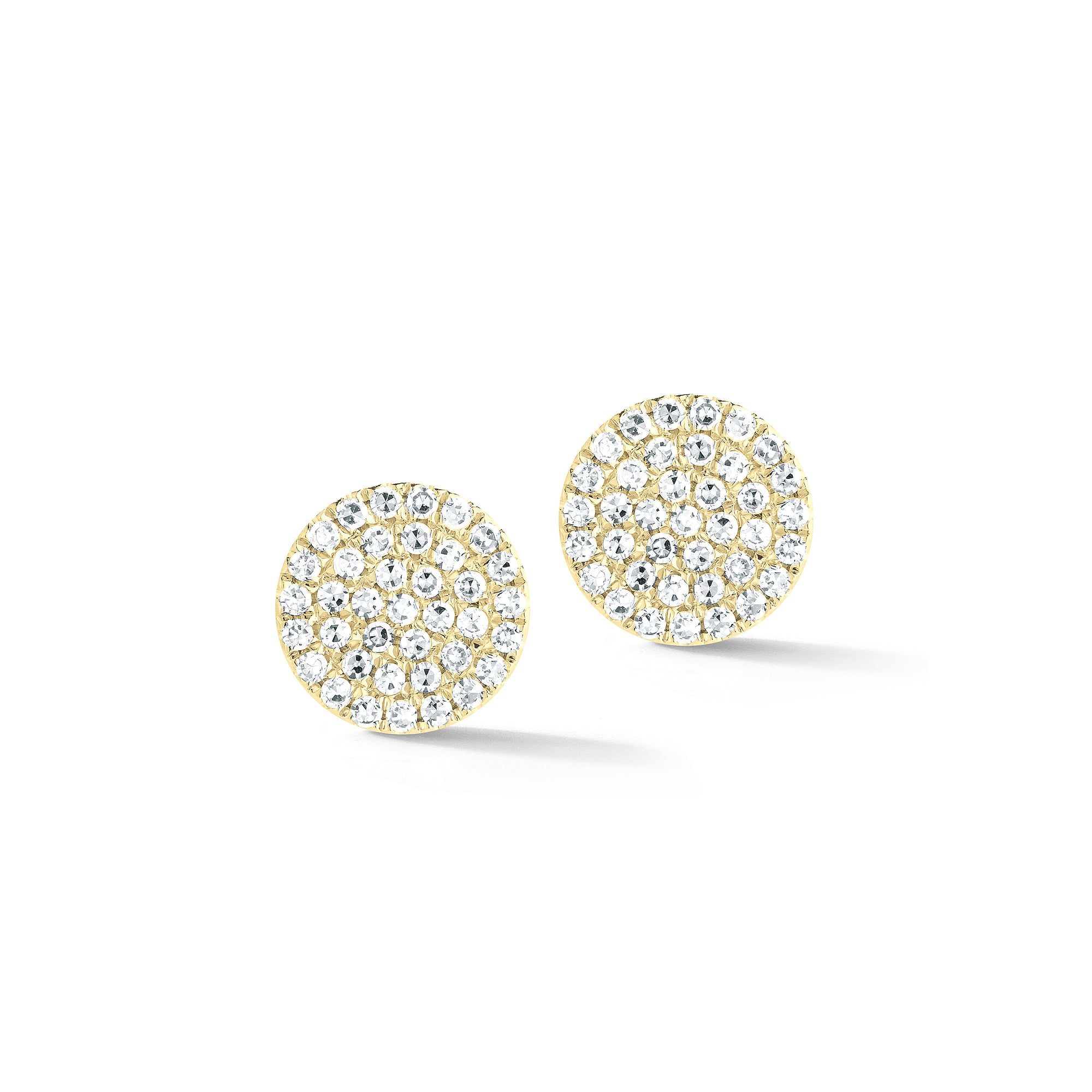 Diamond Disc Stud Earrings -14k yellow gold weighing 1.38 grams -76 round pave-set diamonds totaling 0.22 carats. Approx. diameter is 6.85mm