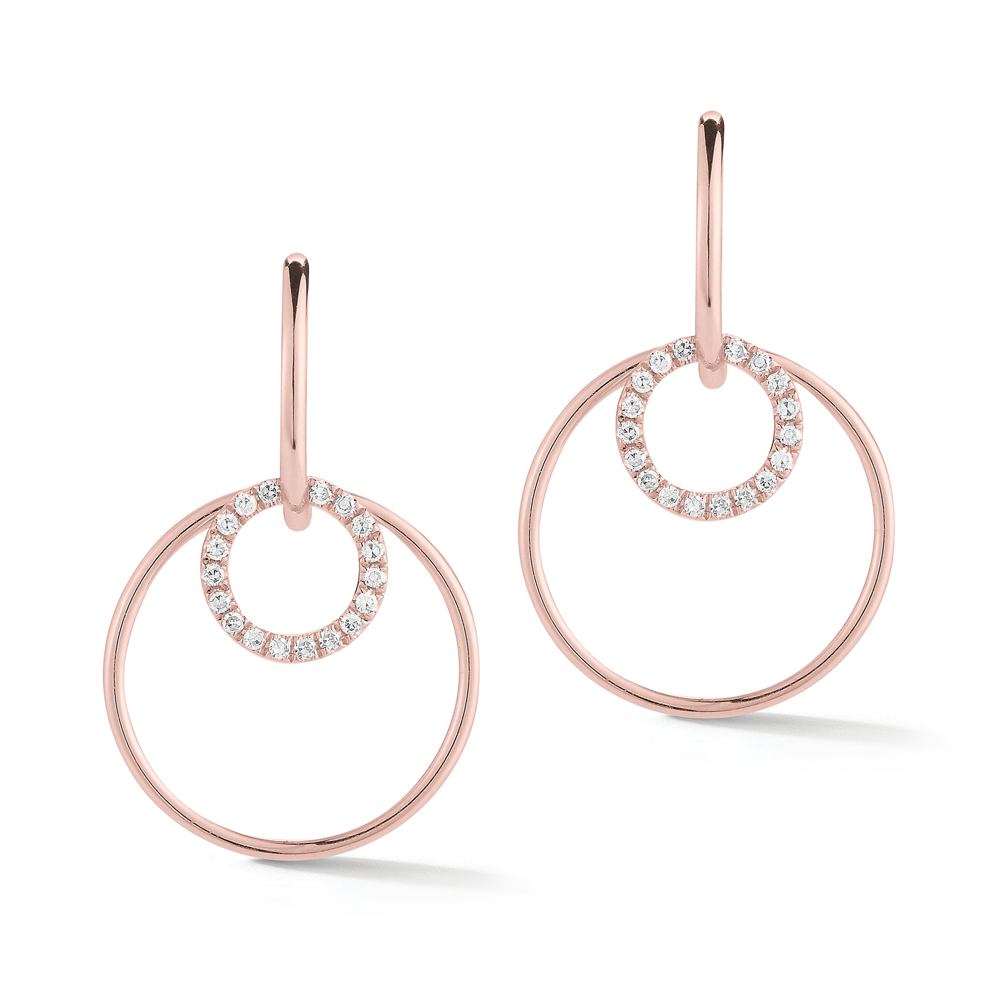 Diamond Double Hoop Drop Earrings -14K gold weighing 2.48 grams  -38 round shared prong-set diamonds totaling 0.12 carats