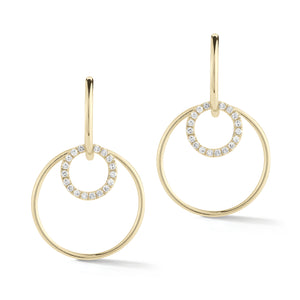 Diamond Double Hoop Drop Earrings -14K gold weighing 2.48 grams  -38 round shared prong-set diamonds totaling 0.12 carats