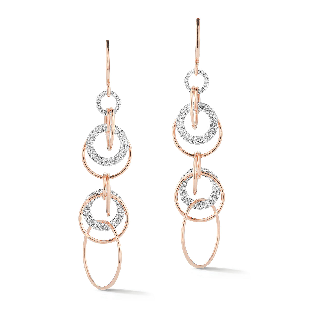 Diamond Interlocking Hoop Dangle Earrings  -14K gold weighing 6.81 grams  -242 round pave-set diamonds totaling 0.61 carats.