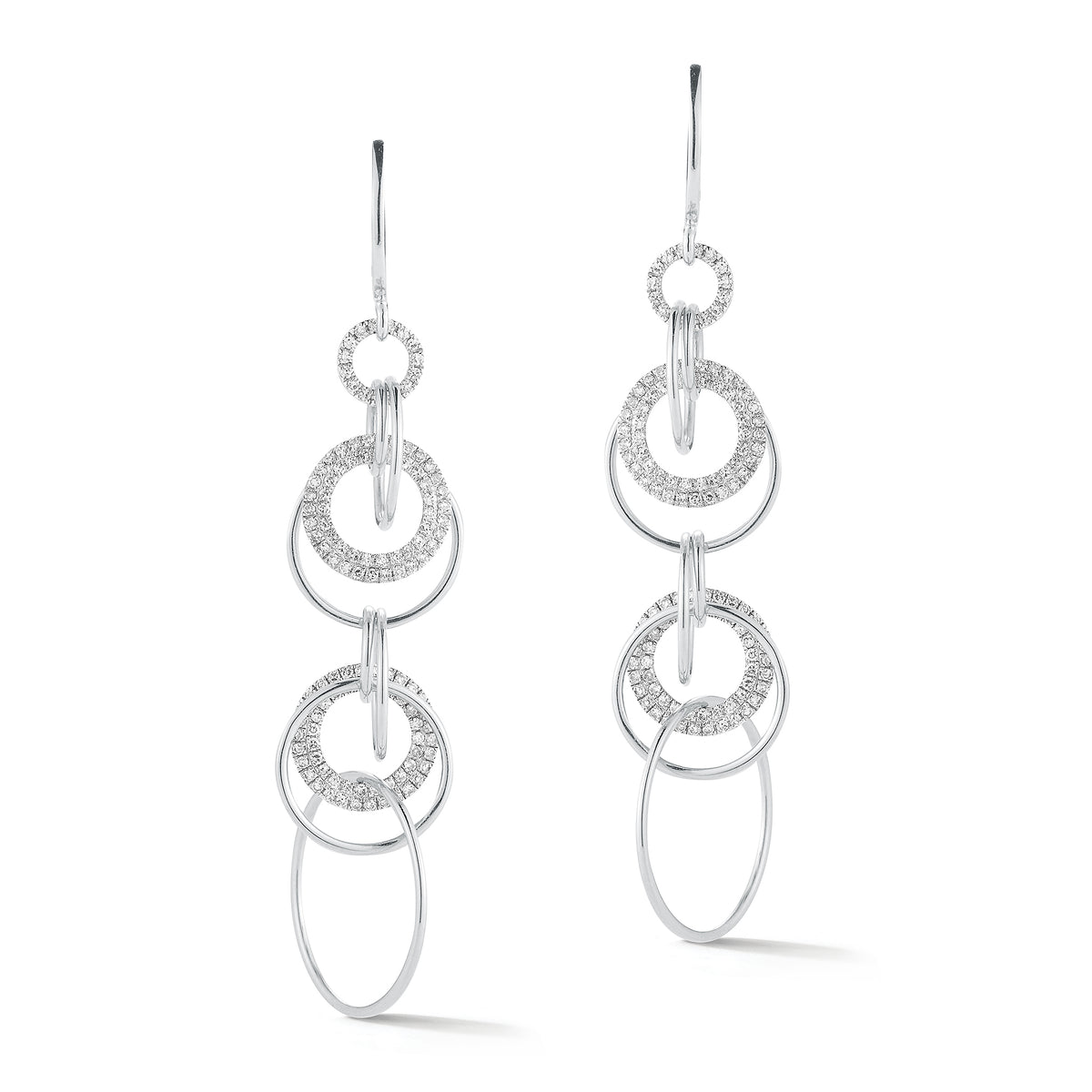 Diamond Interlocking Hoop Dangle Earrings  -14K gold weighing 6.81 grams  -242 round pave-set diamonds totaling 0.61 carats.