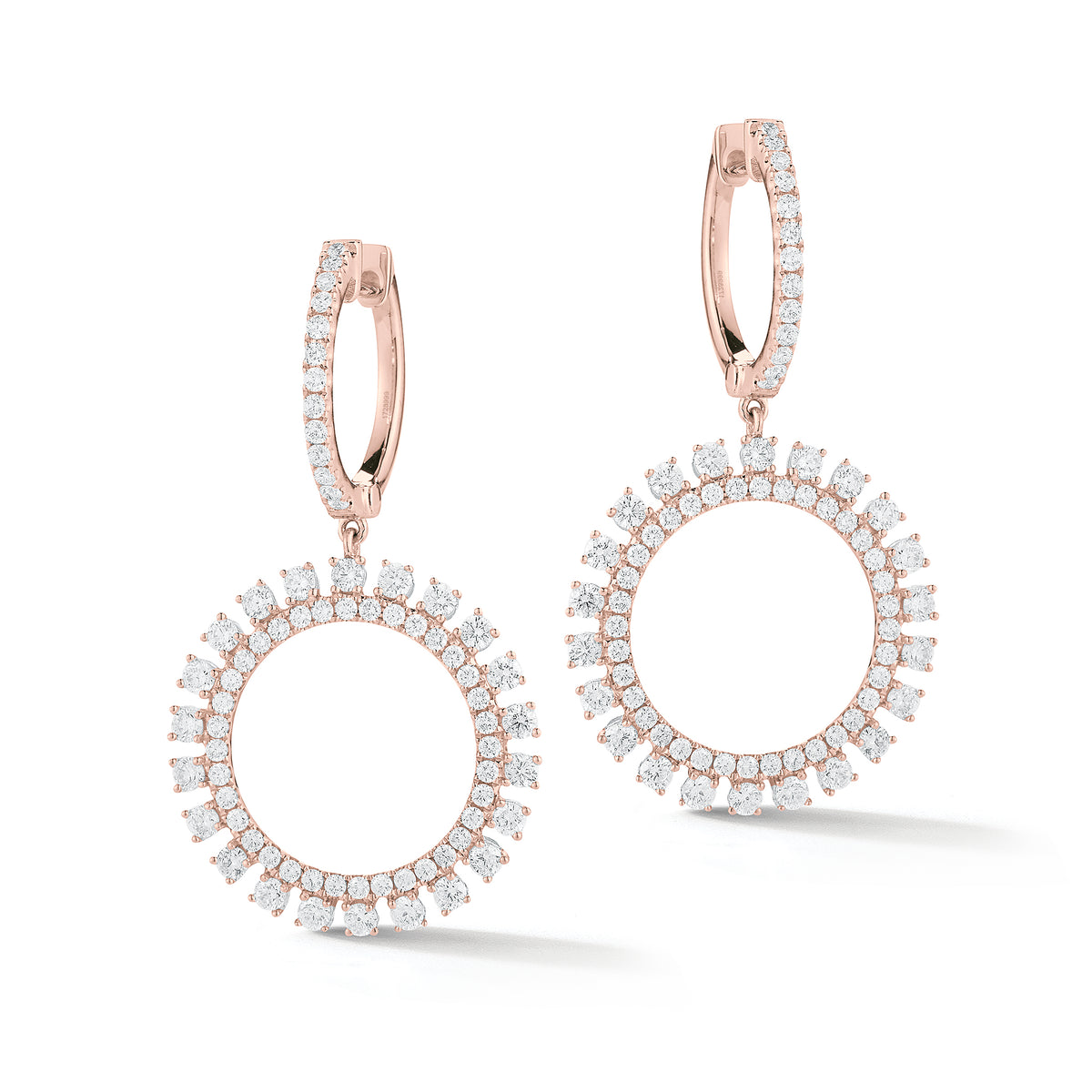 Diamond Sunburst Drop Earrings  -18K gold weighing 6.13 grams  -142 round prong-set brilliant-cut diamonds totaling 1.85 carats.