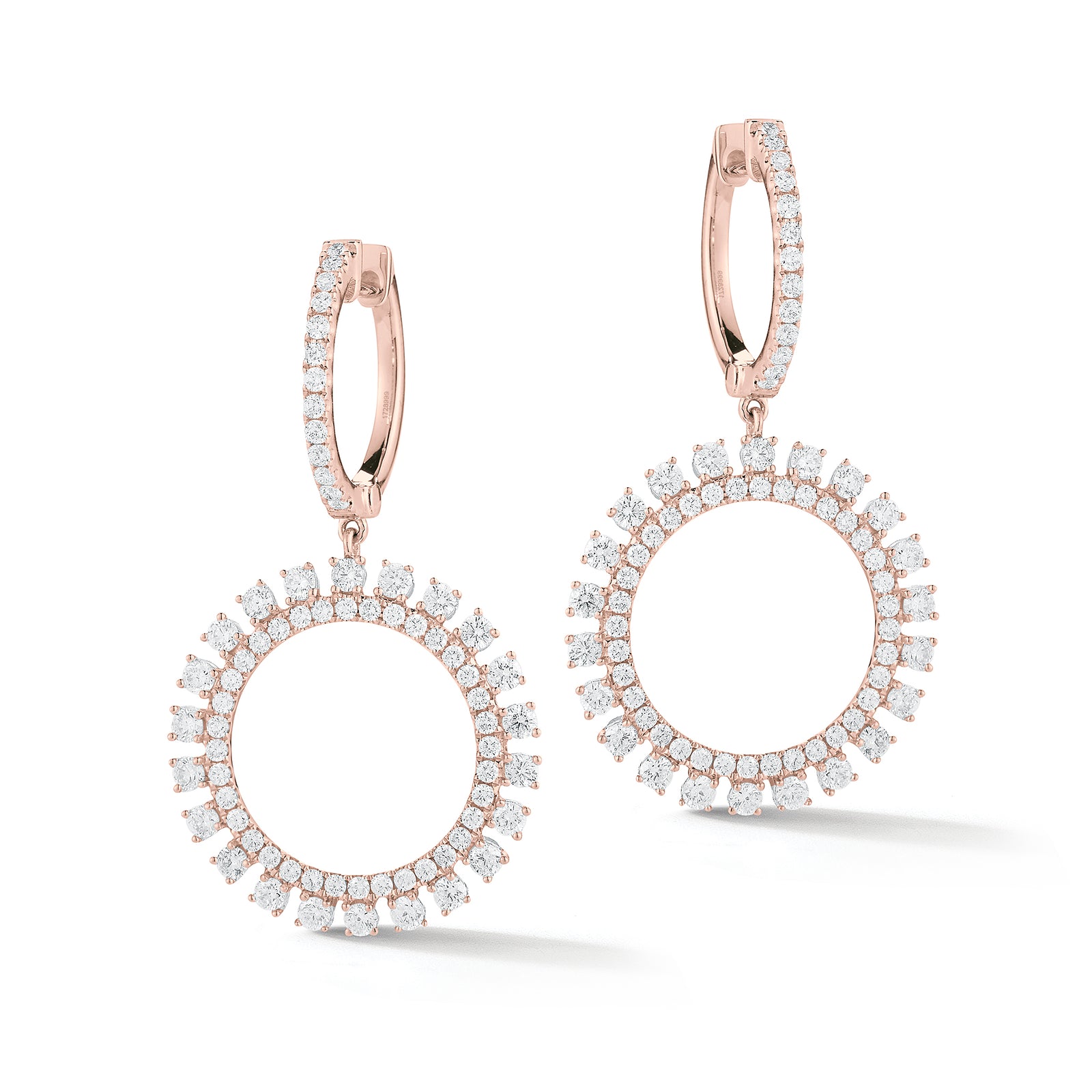 Diamond Sunburst Drop Earrings  -18K gold weighing 6.13 grams  -142 round prong-set brilliant-cut diamonds totaling 1.85 carats.