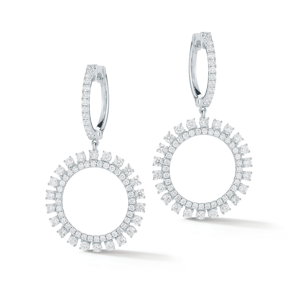 Diamond Sunburst Drop Earrings  -18K gold weighing 6.13 grams  -142 round prong-set brilliant-cut diamonds totaling 1.85 carats.