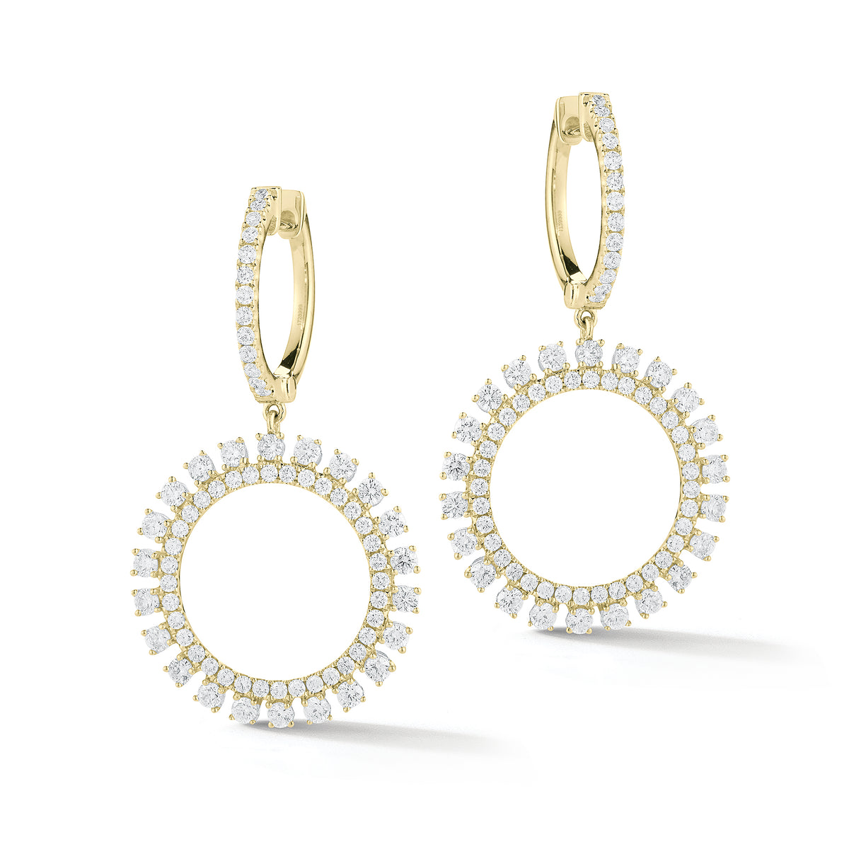 Diamond Sunburst Drop Earrings  -18K gold weighing 6.13 grams  -142 round prong-set brilliant-cut diamonds totaling 1.85 carats.
