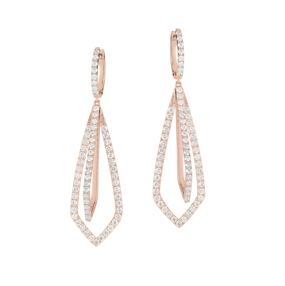 Diamond Geometric Drop Earrings  -18K gold weighing 5.9 grams  -128 round shared prong-set diamonds totaling 1.40 carats