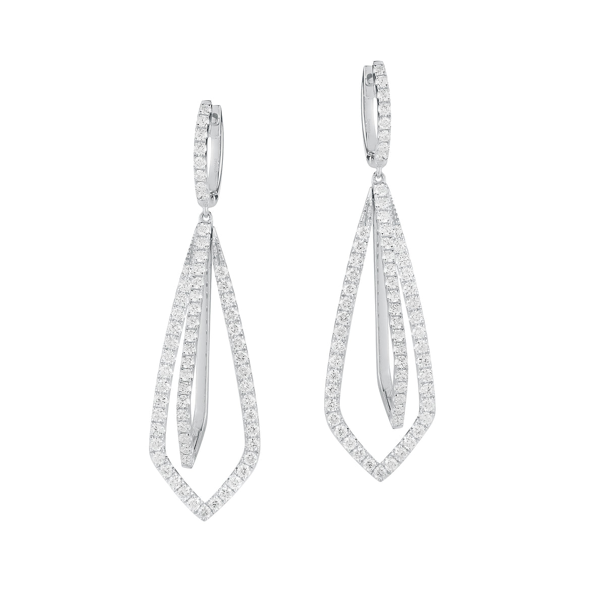 Diamond Geometric Drop Earrings  -18K gold weighing 5.9 grams  -128 round shared prong-set diamonds totaling 1.40 carats