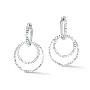 Diamond two-tone double hoop drop earrings -18K gold weighing 6.96 grams -86 round shared prong-set diamonds totaling 0.94 carats.