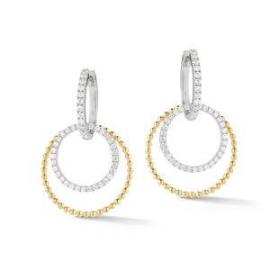 Diamond two-tone double hoop drop earrings -18K gold weighing 6.96 grams  -86 round shared prong-set diamonds totaling 0.94 carats.