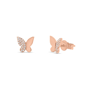 Half Diamond Butterfly Stud Earrings - 14K rose gold weighing 1.30 grams - 38 round diamonds totaling 0.09 carats