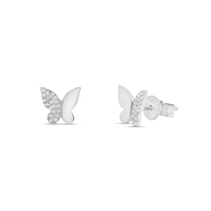 Half Diamond Butterfly Stud Earrings - 14K white gold weighing 1.30 grams - 38 round diamonds totaling 0.09 carats