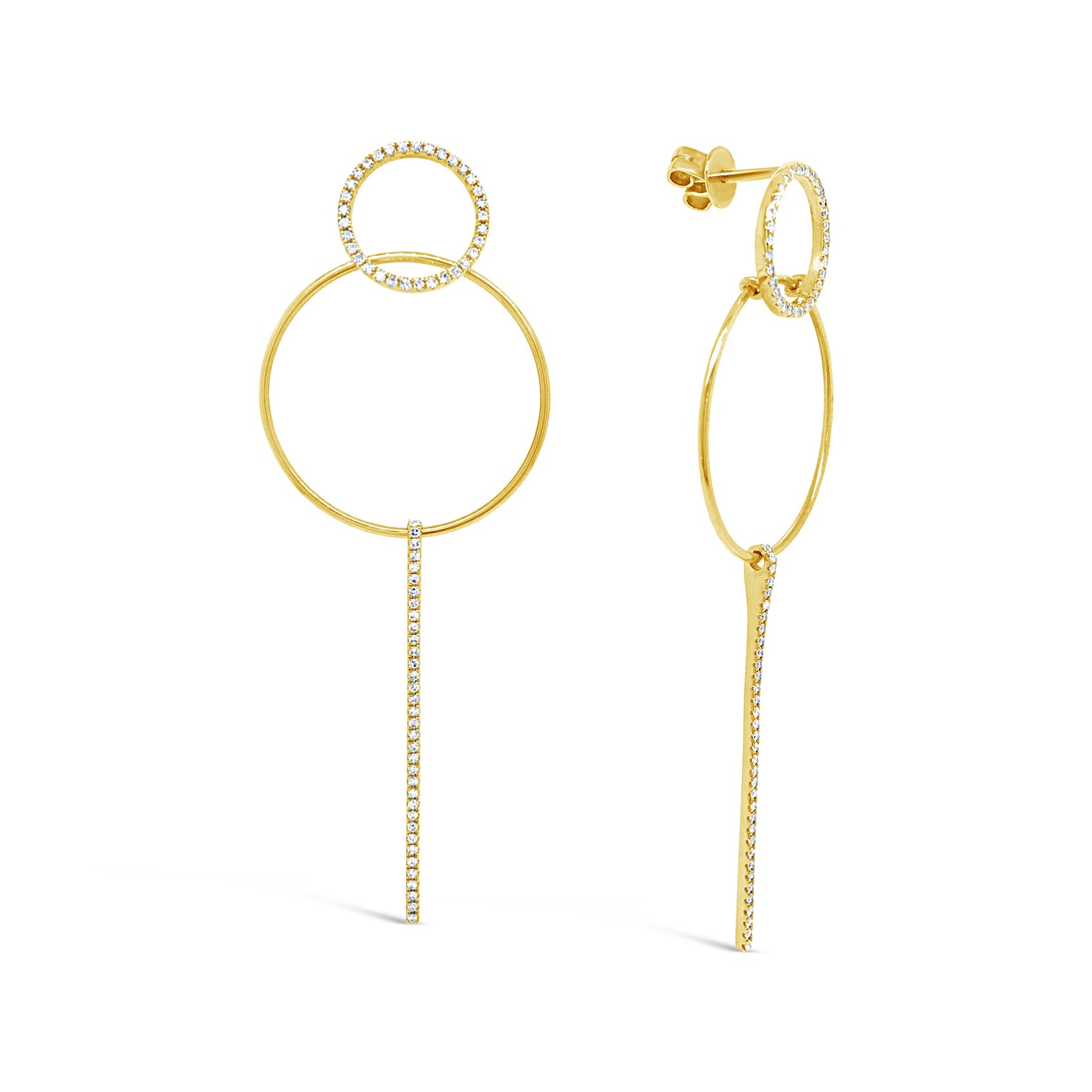 Diamond Hoop Dangle Cocktail Earrings  -14K gold weighing 3.78 grams  -136 round diamonds totaling 0.41 carats