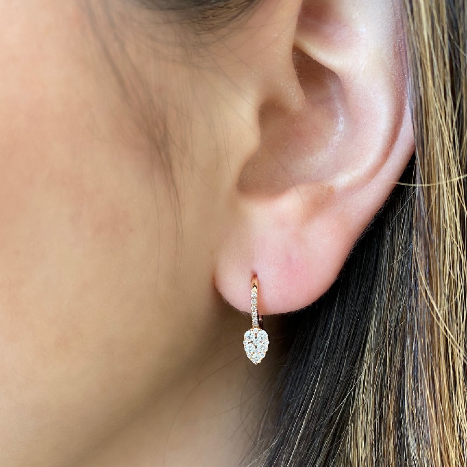 Small Diamond Pear Cluster Lever-Back Earrings -14K rose gold weighing 1.53 grams -36 round diamonds totaling 0.41 carats