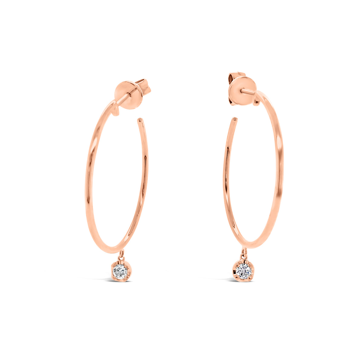 Gold Hoop Earrings With Bezel-Set Diamond -14k gold weighing 2.65 grams  -2 round bezel set diamonds weighing .14 carats