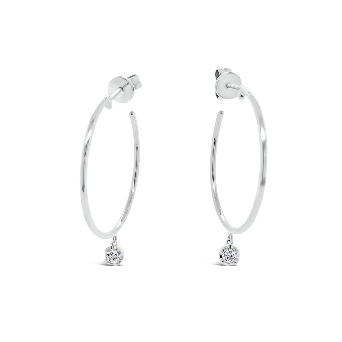 Gold Hoop Earrings With Bezel-Set Diamond -14k gold weighing 2.65 grams  -2 round bezel set diamonds weighing .14 carats