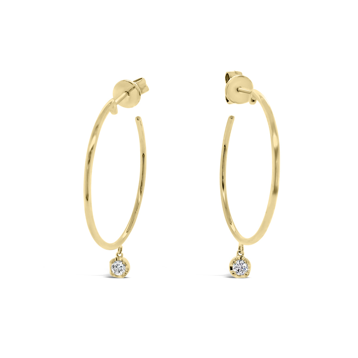 Gold Hoop Earrings With Bezel-Set Diamond -14k gold weighing 2.65 grams  -2 round bezel set diamonds weighing .14 carats