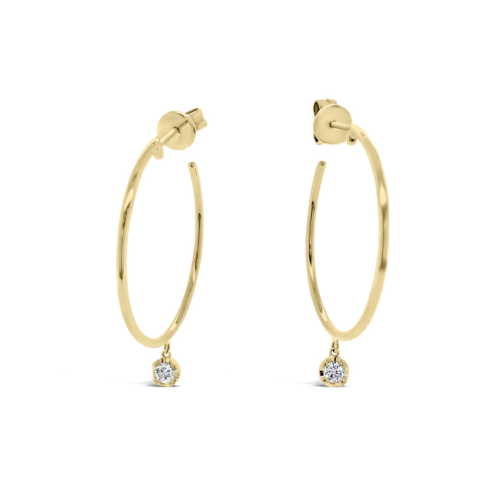 Gold Hoop Earrings With Bezel-Set Diamond -14k gold weighing 2.65 grams  -2 round bezel set diamonds weighing .14 carats