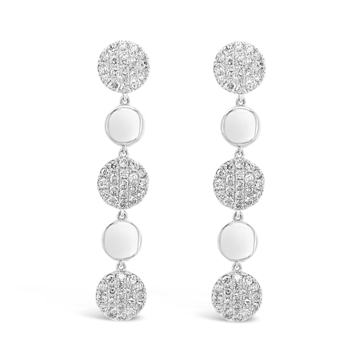 Pave Diamond Disc Dangle Earrings  -18K gold weighing 5.20 grams  -114 round pave-set diamonds totaling 1.46 carats