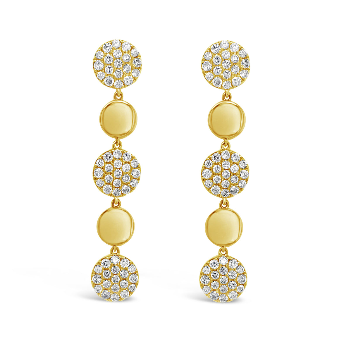 Pave Diamond Disc Dangle Earrings  -18K gold weighing 5.20 grams  -114 round pave-set diamonds totaling 1.46 carats