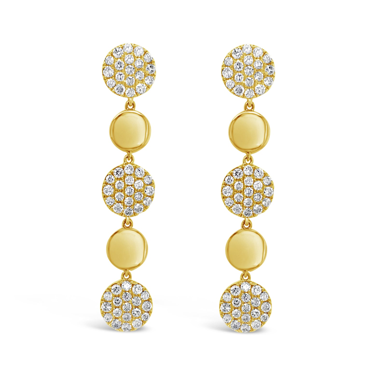 Pave Diamond Disc Dangle Earrings  -18K gold weighing 5.20 grams  -114 round pave-set diamonds totaling 1.46 carats