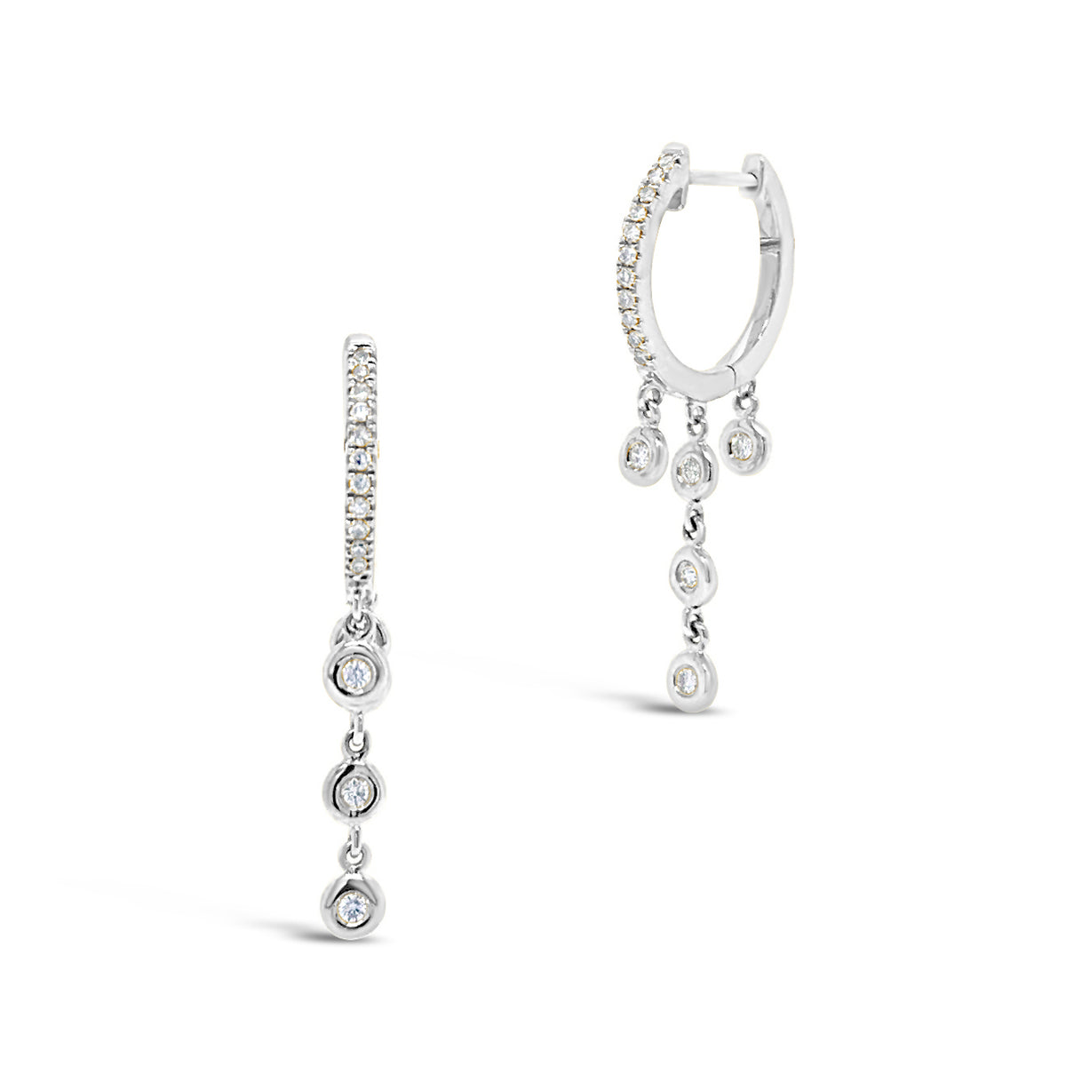 Gold Huggie Earring With Diamond 5-Bezel Drop Earrings -14k gold weighing 1.91 grams  -32 round diamonds weighing .15 carats