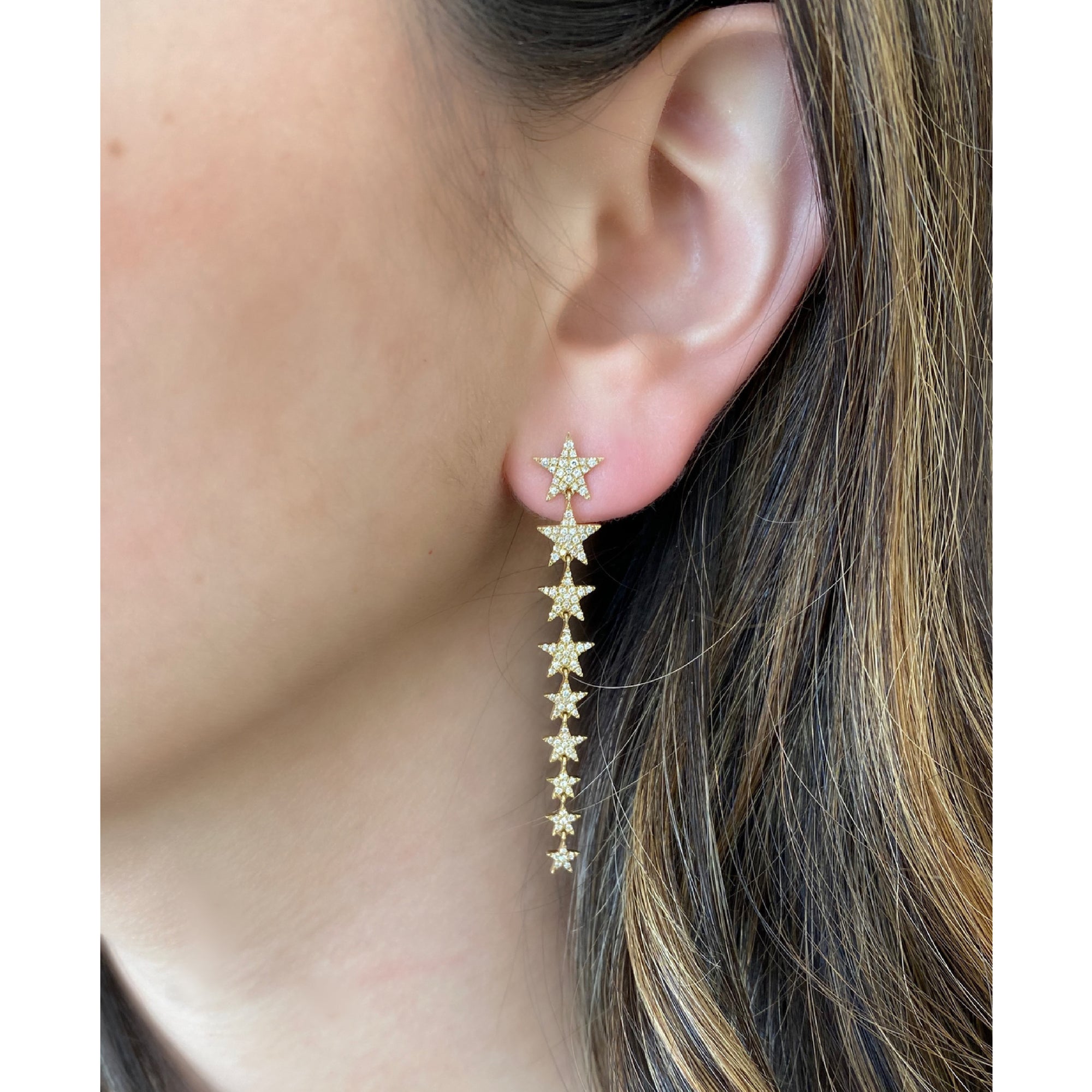 Diamond Long Star Dangle Earrings  -14K gold weighing 3.93 grams  -228 round pave set diamonds totaling 0.97 carats 