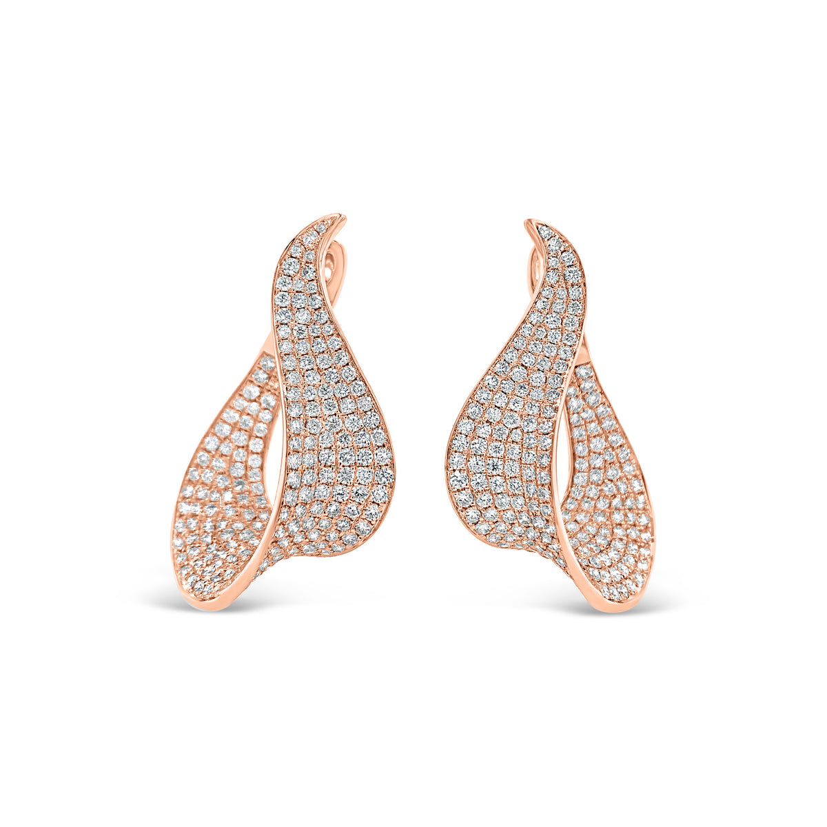 Diamond Swoop Earrings  - 14K gold weighing 11.80 grams.  - 362 round diamonds totaling 4.72 carats. 