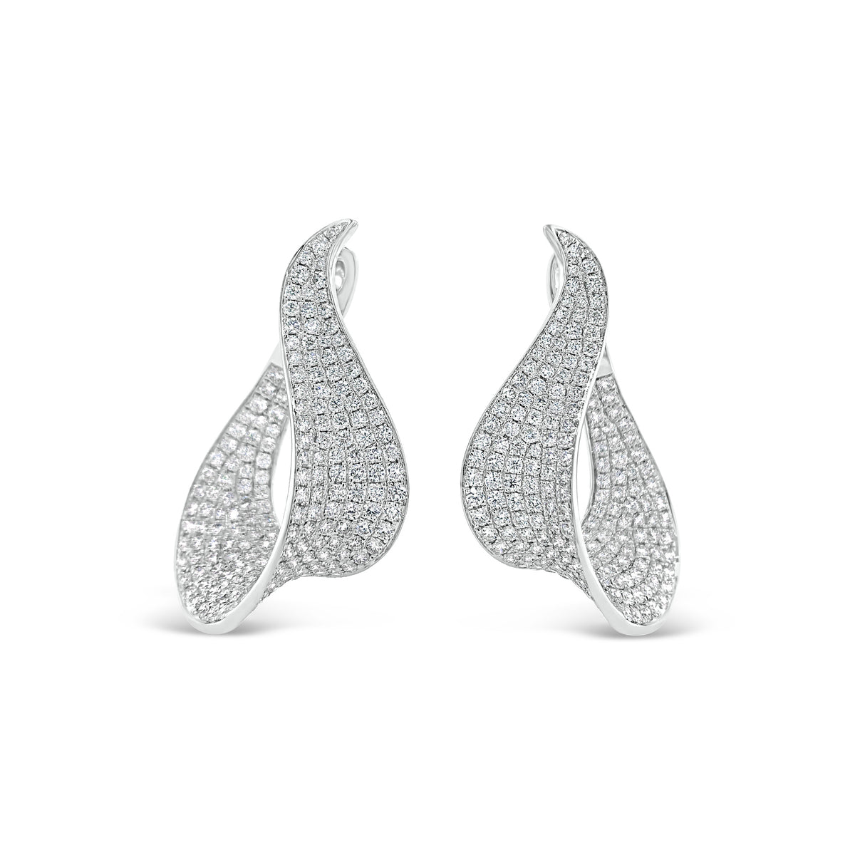 Diamond Swoop Earrings  - 14K gold weighing 11.80 grams.  - 362 round diamonds totaling 4.72 carats. 