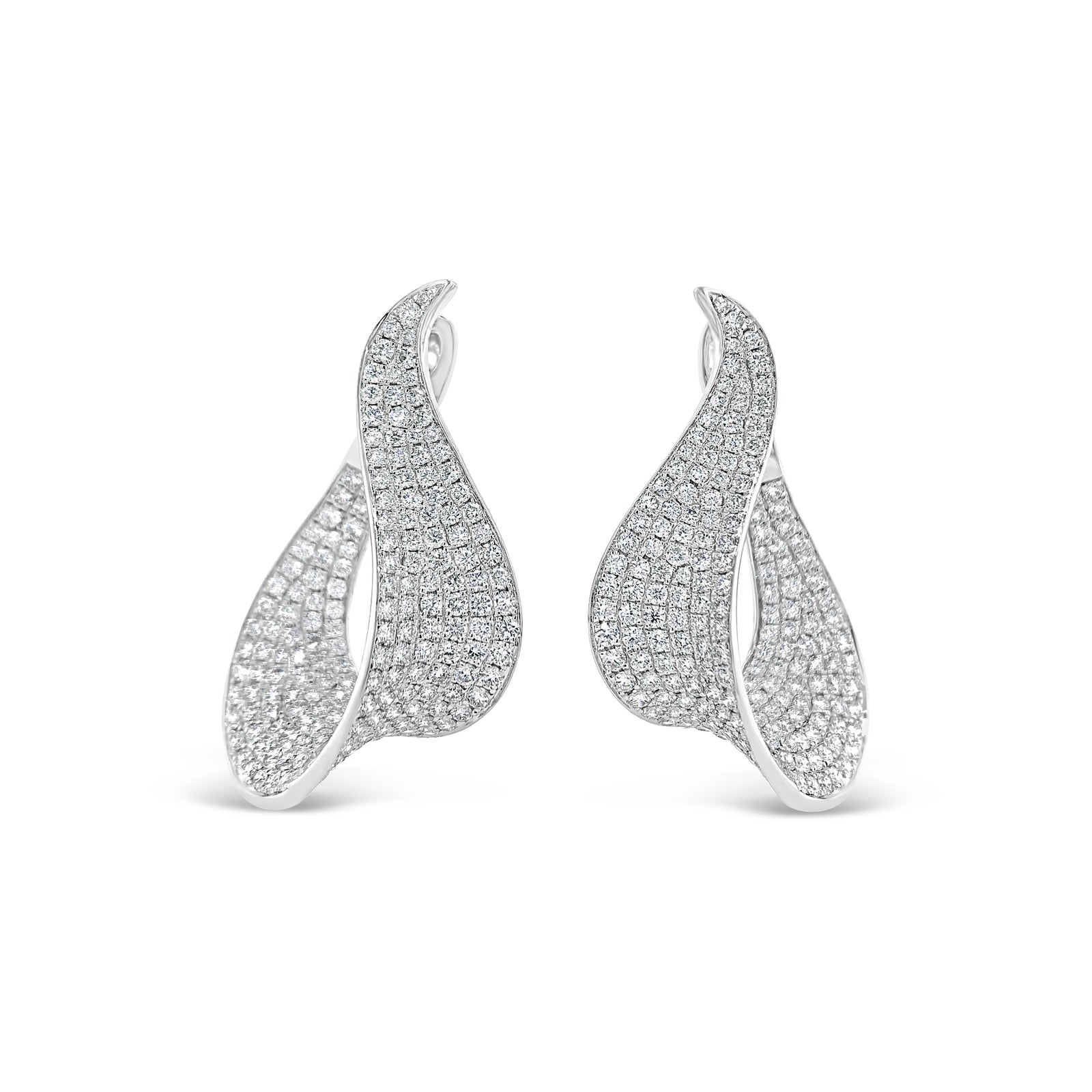 Diamond Swoop Earrings  - 14K gold weighing 11.80 grams.  - 362 round diamonds totaling 4.72 carats. 