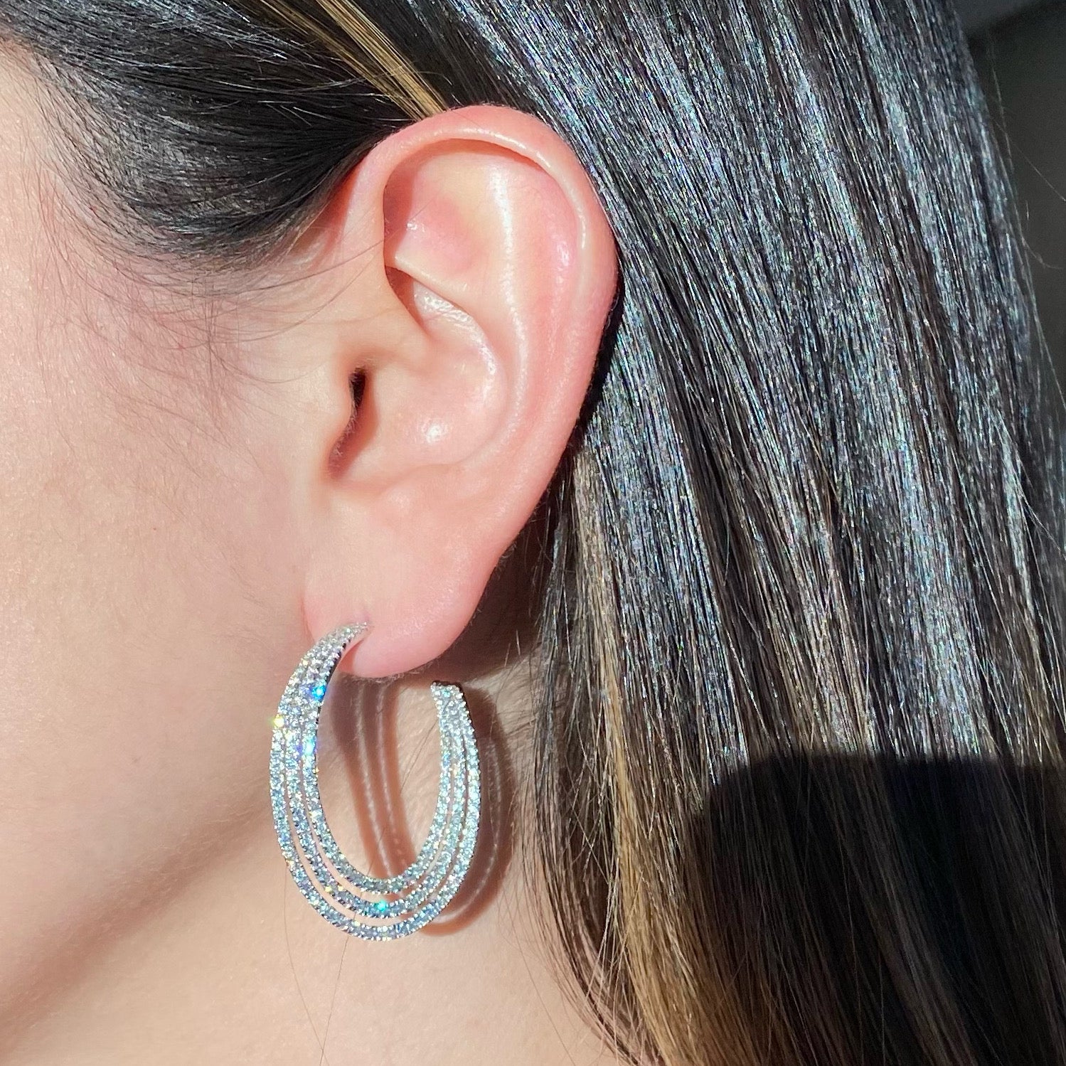 diamond triple row open hoop earrings -18K gold weighing 10.50 grams  -3.14 total carat weight