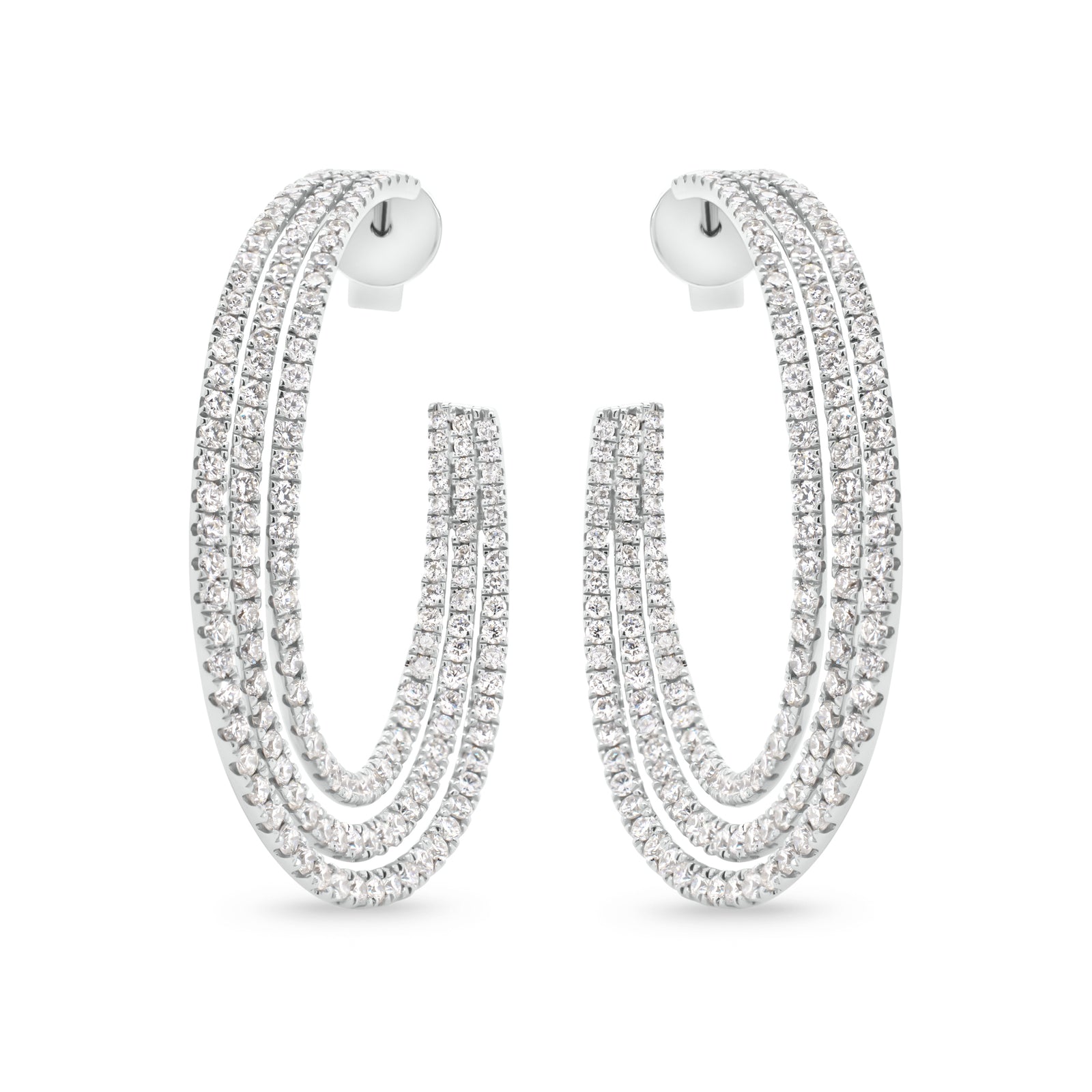 diamond triple row open hoop earrings -18K gold weighing 10.50 grams  -3.14 total carat weight