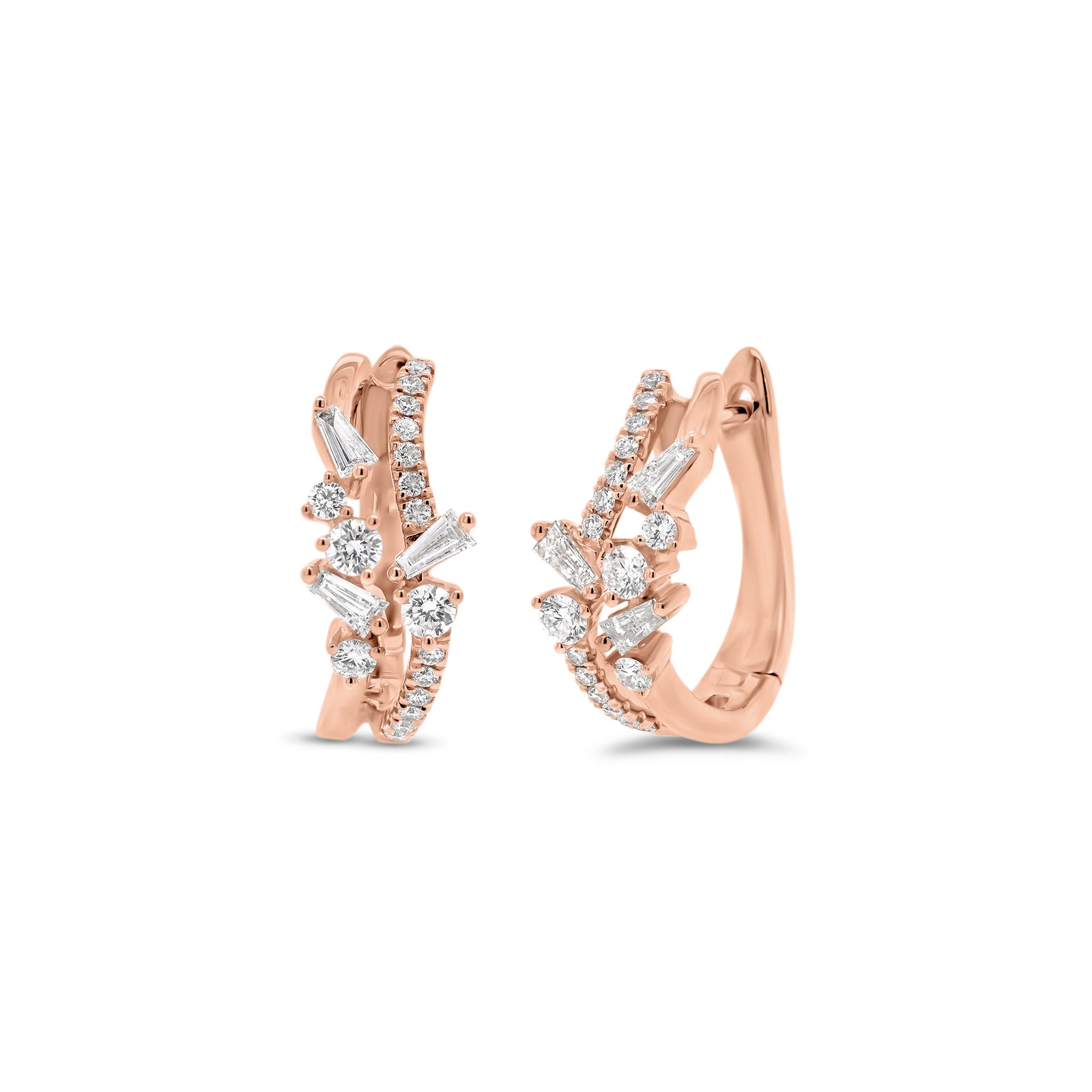 mixed cut diamond huggie earrings - 18K gold weighing 4.43 grams  - 34 round diamonds totaling 0.36 carats  - 6 slim baguettes totaling 0.20 carats