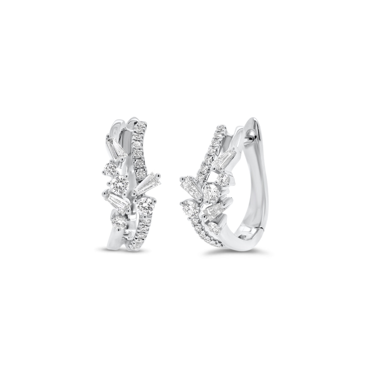 mixed cut diamond huggie earrings - 18K gold weighing 4.43 grams  - 34 round diamonds totaling 0.36 carats  - 6 slim baguettes totaling 0.20 carats