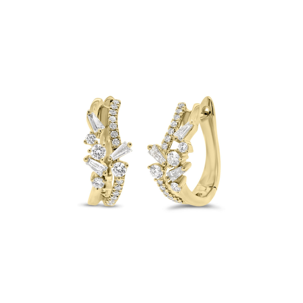 mixed cut diamond huggie earrings - 18K gold weighing 4.43 grams  - 34 round diamonds totaling 0.36 carats  - 6 slim baguettes totaling 0.20 carats