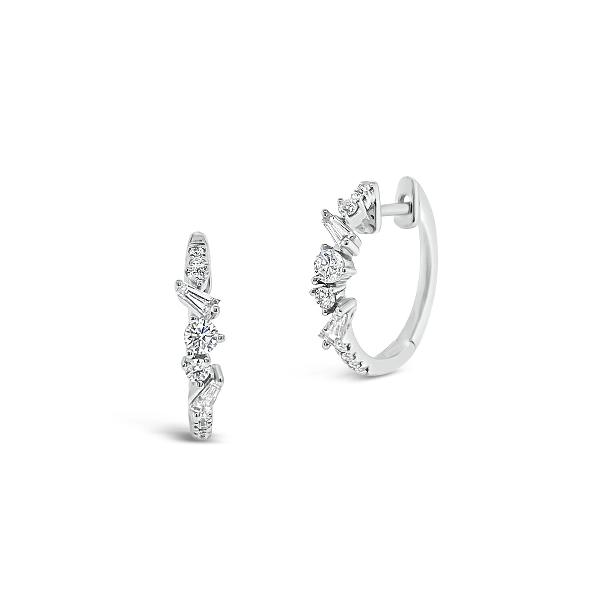 Diamond mixed shapes huggie earrings -18K gold weighing 2.74 grams  -18 round diamonds totaling 0.26 carats  -4 straight baguette diamonds totaling 0.15 carats