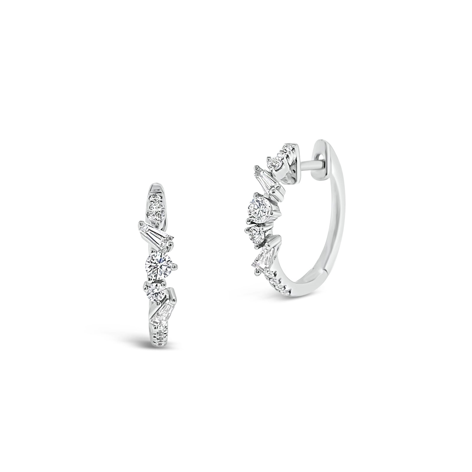 Diamond mixed shapes huggie earrings -18K gold weighing 2.74 grams  -18 round diamonds totaling 0.26 carats  -4 straight baguette diamonds totaling 0.15 carats