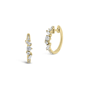 Diamond mixed shapes huggie earrings -18K gold weighing 2.74 grams  -18 round diamonds totaling 0.26 carats  -4 straight baguette diamonds totaling 0.15 carats