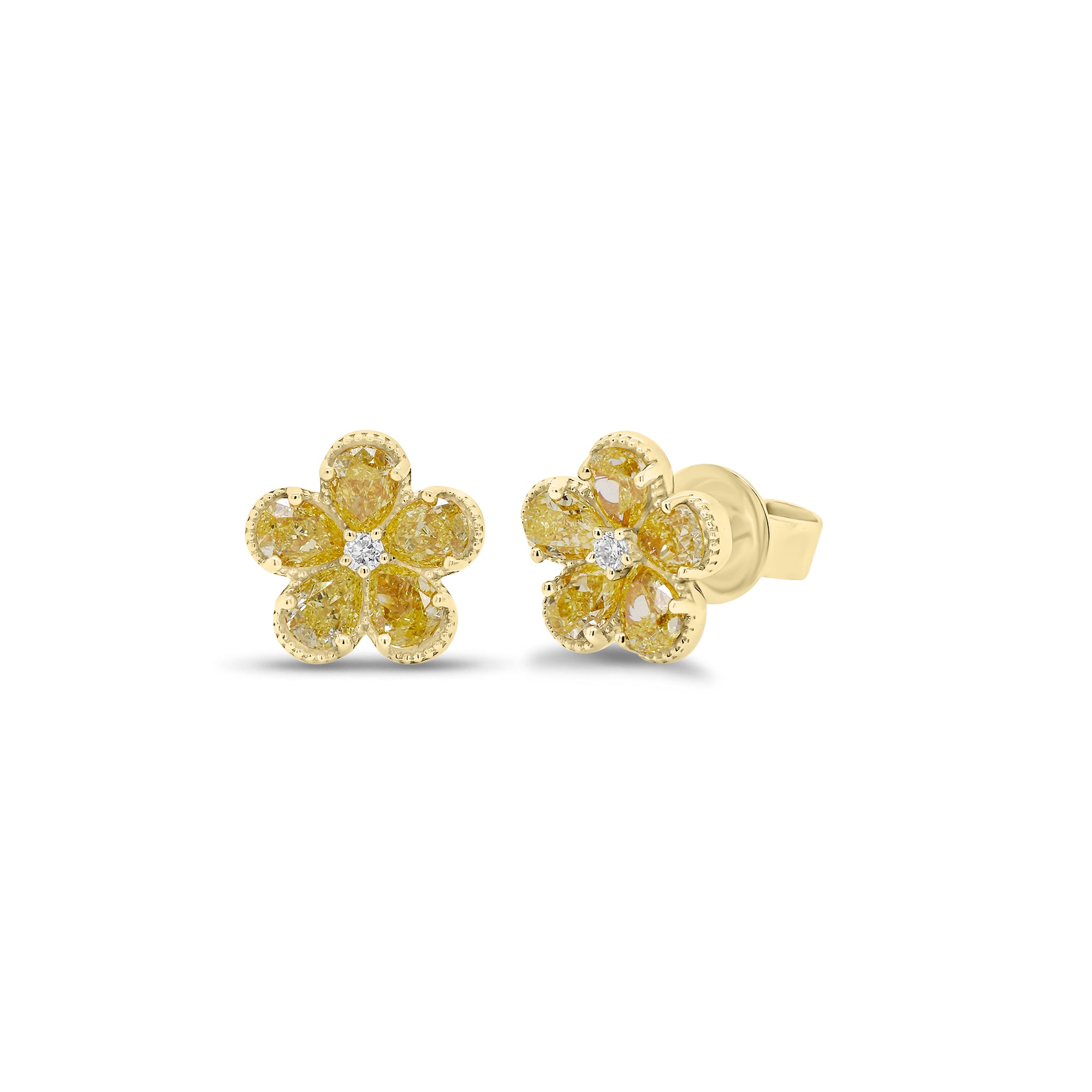 Yellow Diamond Flower Stud Earrings - 18K gold weighing 2.46 grams  - 2 round diamonds weighing 0.03 carats  - 10 yellow pear-shaped diamonds weighing 1.11 carats