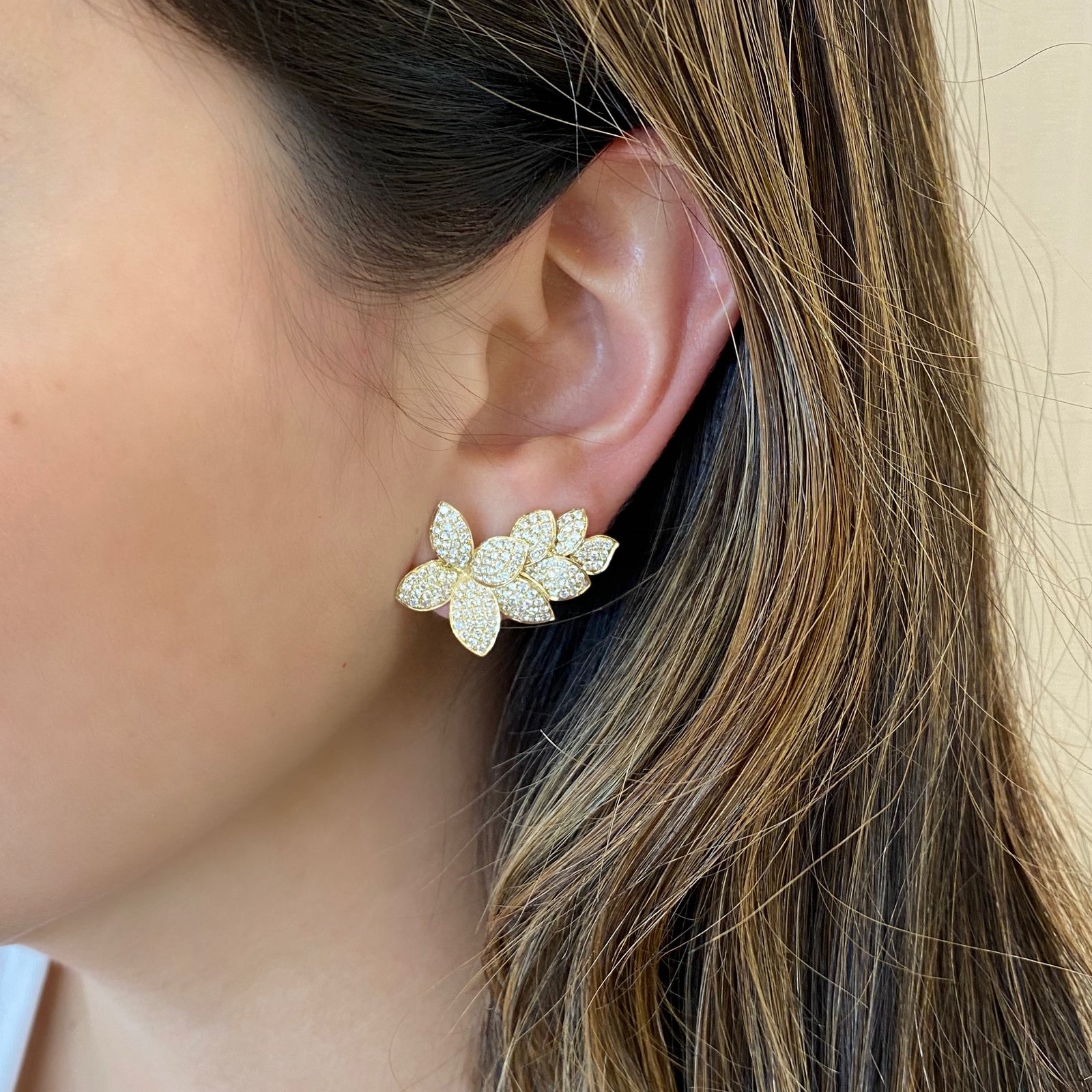 Diamond ornate flower crawler earrings -14K gold weighing 8.35 grams  -282 round diamonds totaling 2.14 carats